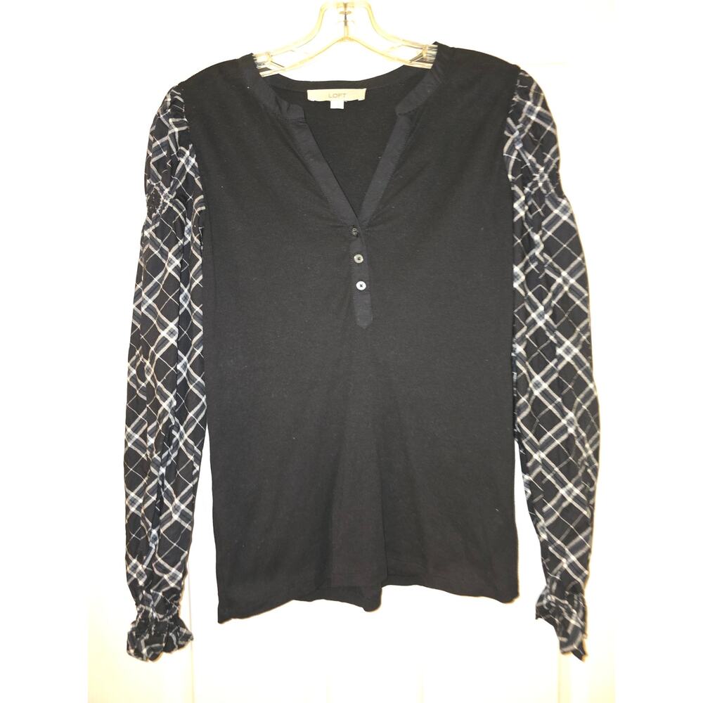 Loft Plaid Henley Mixed Media Top Black M